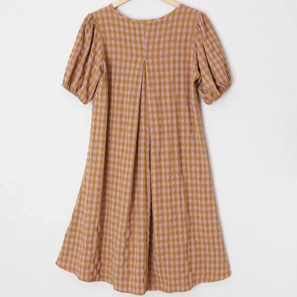 Reminiscence Gingham Plaid Seersucker Puff Short Sleeves Flared Dress Mini Tan - Picture 3 of 13